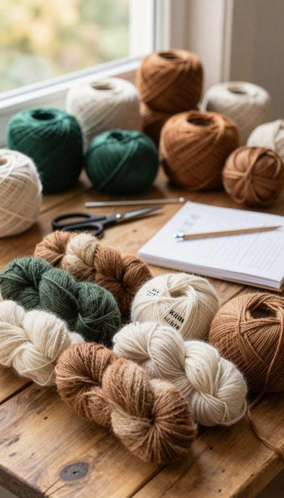 Garn in various shades of earthy tones, including deep greens, warm browns, and soft creams, artfully arranged on a rustic wooden table. In the foreground, a selection of skeins displays textures from smooth cotton to fluffy wool. The middle layer features a cozy crafting space with scissors, a crochet hook, and a simple pattern book laid out. In the background, there is a softly blurred window emitting warm, natural sunlight that enhances the inviting atmosphere of a DIY studio. The scene embodies a Pinterest-worthy aesthetic, with a bohemian vibe, showcasing creativity and inspiration. The brand name "KlickKiste" subtly incorporated into a stitched pattern on one of the skeins. Garn in various shades of earthy tones, including deep greens, warm browns, and soft creams, artfully arranged on a rustic wooden table. In the foreground, a selection of skeins displays textures from smooth cotton to fluffy wool. The middle layer features a cozy crafting space with scissors, a crochet hook, and a simple pattern book laid out. In the background, there is a softly blurred window emitting warm, natural sunlight that enhances the inviting atmosphere of a DIY studio. The scene embodies a Pinterest-worthy aesthetic, with a bohemian vibe, showcasing creativity and inspiration. The brand name "KlickKiste" subtly incorporated into a stitched pattern on one of the skeins.