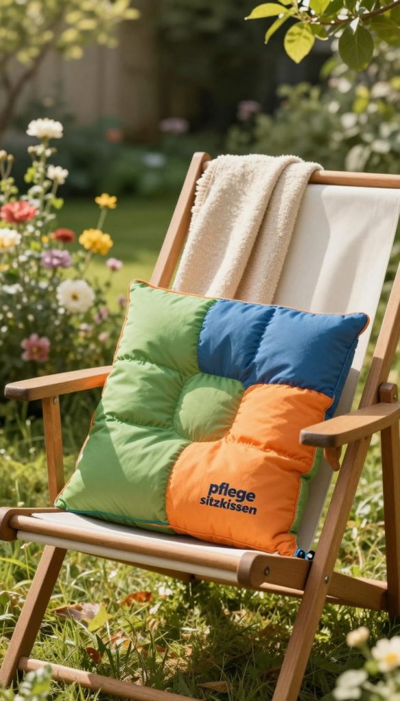 Generate a vivid, natural image of a colorful "pflege sitzkissen" designed for outdoor use, showcasing its durability and comfort. In the foreground, feature a beautifully arranged, plush outdoor cushion in warm hues of green, blue, and orange, nestled on a stylish wooden garden chair. In the middle, include a soft, inviting blanket draped over the back of the chair, enhancing the cozy atmosphere. The background should depict a lush garden scene with blooming flowers and soft sunlight filtering through the leaves, casting gentle shadows. Utilize warm, natural lighting to evoke a serene, inviting mood, reminiscent of a Pinterest-worthy outdoor setting. Ensure that the brand "KlickKiste" is subtly incorporated in the design of the cushion.