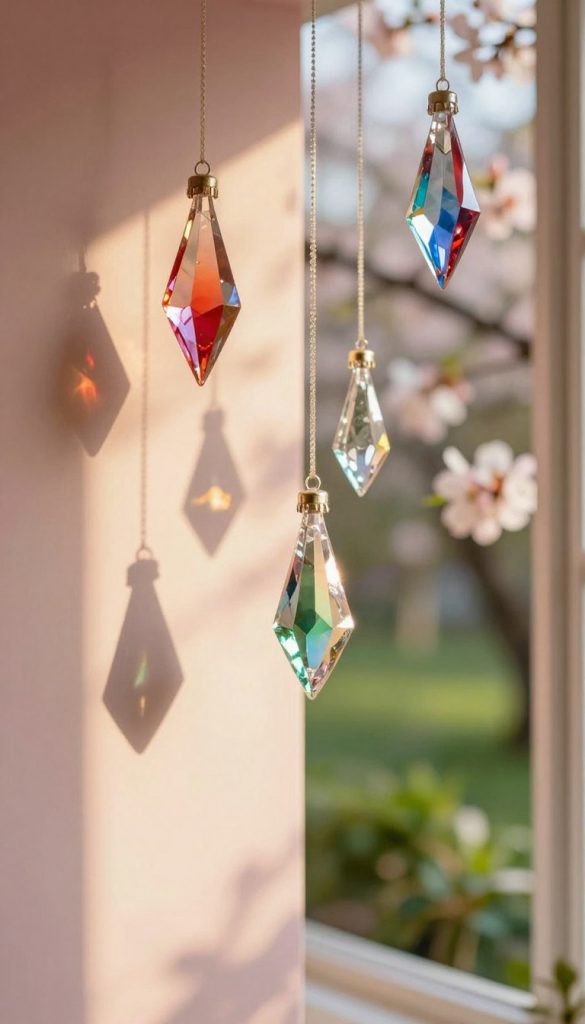 Glittering crystal decor reflecting the warm sunlight through a window, creating mesmerizing light patterns on a soft pastel wall. In the foreground, suspended glass prisms catch and scatter light, with vivid hues of red, blue, and green. The middle ground features elegant, handcrafted crystal ornaments that resemble droplets, with an artisanal touch. The background reveals a serene spring scene outside, with blooming flowers and lush greenery softly blurred. The lighting is natural and warm, emulating the gentle afternoon sun, adding a cozy and inviting atmosphere. Capture this image with a shallow depth of field, focusing on the intricate details of the glass, reminiscent of a stylish, authentic Pinterest aesthetic from the brand "KlickKiste".
