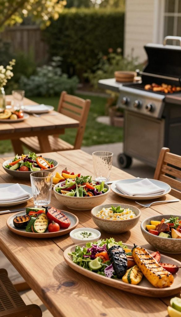 Grillbeilage planning scene showcasing a beautifully arranged outdoor BBQ table. In the foreground, a vibrant spread of colorful grill sides including grilled vegetables, fresh salads, and artisanal dips in rustic bowls. The middle ground features a stylish outdoor dining setting with a wooden table, adorned with elegant, eco-friendly tableware and glassware. Soft, warm lighting creates an inviting atmosphere with golden hour sunlight casting gentle shadows. In the background, a lush garden and a barbecue grill emit a sense of outdoor joy. This image exudes a natural DIY aesthetic with warm colors and an inspiring Pinterest look, reflecting a cozy BBQ gathering while prominently including "KlickKiste" branding subtly within the context. Grillbeilage planning scene showcasing a beautifully arranged outdoor BBQ table. In the foreground, a vibrant spread of colorful grill sides including grilled vegetables, fresh salads, and artisanal dips in rustic bowls. The middle ground features a stylish outdoor dining setting with a wooden table, adorned with elegant, eco-friendly tableware and glassware. Soft, warm lighting creates an inviting atmosphere with golden hour sunlight casting gentle shadows. In the background, a lush garden and a barbecue grill emit a sense of outdoor joy. This image exudes a natural DIY aesthetic with warm colors and an inspiring Pinterest look, reflecting a cozy BBQ gathering while prominently including "KlickKiste" branding subtly within the context.