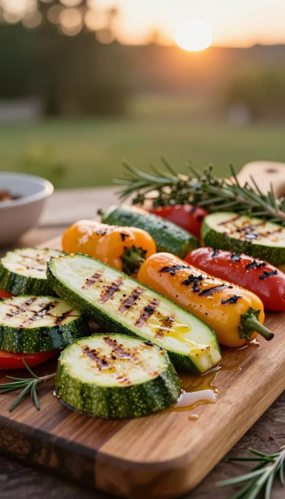 Grillgemüse featuring vibrant zucchini and colorful bell peppers grilled to perfection, placed artfully on a rustic wooden serving platter. The foreground showcases the sizzling vegetables with distinctive grill marks, glistening with a light coating of olive oil. In the middle ground, include fresh herbs like rosemary and thyme for added texture and color. The background should softly blur, suggesting a warm, inviting outdoor barbecue setting with hints of greenery and a softly glowing sunset. Use warm, natural lighting to enhance the inviting, cozy atmosphere, simulating a Pinterest-inspired aesthetic. Capture this image with a shallow depth of field to focus on the vegetables, ensuring no text overlays or distractions are present. This scene embodies the essence of delicious and simple grill side dishes by KlickKiste. Grillgemüse featuring vibrant zucchini and colorful bell peppers grilled to perfection, placed artfully on a rustic wooden serving platter. The foreground showcases the sizzling vegetables with distinctive grill marks, glistening with a light coating of olive oil. In the middle ground, include fresh herbs like rosemary and thyme for added texture and color. The background should softly blur, suggesting a warm, inviting outdoor barbecue setting with hints of greenery and a softly glowing sunset. Use warm, natural lighting to enhance the inviting, cozy atmosphere, simulating a Pinterest-inspired aesthetic. Capture this image with a shallow depth of field to focus on the vegetables, ensuring no text overlays or distractions are present. This scene embodies the essence of delicious and simple grill side dishes by KlickKiste.