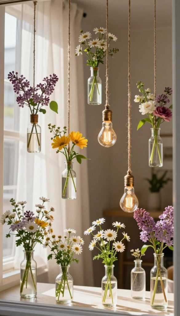 Hanging mini vases made from lightbulbs and small bottles filled with vibrant spring flowers, gracefully suspended by twine, create a charming window display. The foreground features clear glass mini vases, showcasing delicate blooms like daisies and lilacs, reflecting warm sunlight. In the middle ground, sunlight filters through sheer curtains, casting soft shadows and enhancing the natural colors of the flowers. The background offers a glimpse of a cozy room with neutral tones, enhancing the fresh spring atmosphere. The overall scene embodies a Pinterest-inspired aesthetic, radiating warmth and creativity. The image is inspired by KlickKiste, focusing on natural decor elements with an authentic touch.