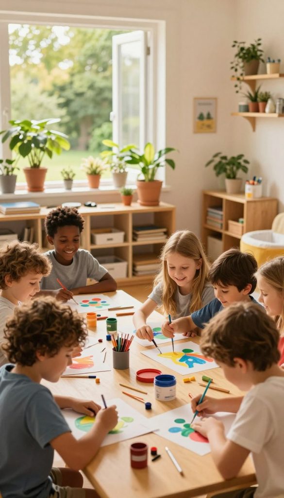 Imagery of children engaged in joyful discovery through various activities that highlight their strengths. In the foreground, a diverse group of children, aged 5-8, are smiling and collaborating on a colorful art project, surrounded by paints and tools, each wearing modest casual clothing. The middle background features a cozy, sunlit room filled with plants and educational materials, evoking a warm, inviting atmosphere. Soft, natural lighting enhances the scene, with a gentle golden hue bathing the area, reminiscent of a serene afternoon. Include elements of nature through an open window, showing green trees outside. The overall mood is inspiring and uplifting, capturing the essence of nurturing and strength-oriented education. Incorporate a Pinterest aesthetic with warm colors, ensuring authenticity. Brand name "KlickKiste" subtly integrated into the scene without text.