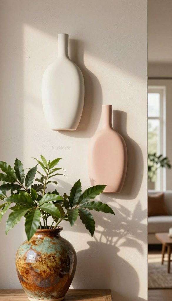 Large decorative wall vases beautifully arranged in a modern interior setting, featuring a mix of elegant shapes and textures. Foreground: close-up view of a vibrant, oversized ceramic vase with a rich, earthy glaze filled with lush green foliage. Middle: two coordinating wall vases, one in a matte white and another in a soft pastel hue, artfully hung on a textured wall, showcasing interesting proportions and spacing. Background: a warm, inviting living room with soft natural lighting filtering through a window, casting gentle shadows that enhance the atmosphere. The overall mood is cozy and inspiring, reflecting a DIY aesthetic with a Pinterest-inspired look. Include a subtle branding element of "KlickKiste" integrated in the scene, ensuring an authentic representation of modern home decor styling ideas.