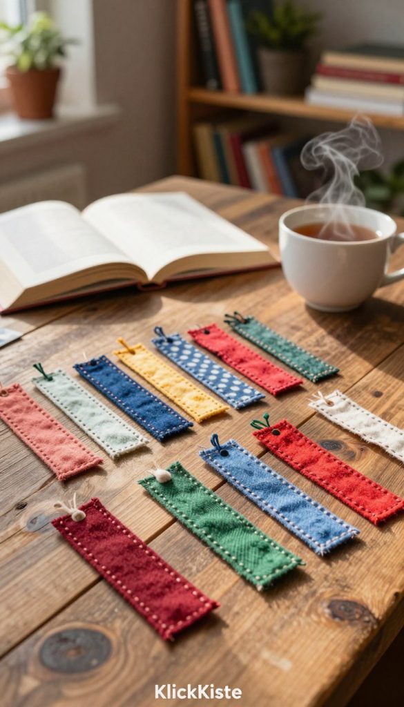 Lesezeichen made from colorful fabric scraps, arranged artistically on a rustic wooden table. In the foreground, feature a handful of uniquely shaped bookmarks with stitches and patterns, showcasing a variety of textured fabrics, like cotton and felt, in warm hues of red, blue, and green. The middle ground should include a cozy reading nook, with an open book and a steaming cup of tea, creating a relaxed atmosphere. In the background, softly blurred, there are shelves filled with books and plants, adding a touch of life. Natural lighting streams in, casting gentle shadows, while the overall scene exudes an authentic, Pinterest-inspired vibe. Include a subtle branding element of "KlickKiste" in the scene, capturing the spirit of DIY creativity.