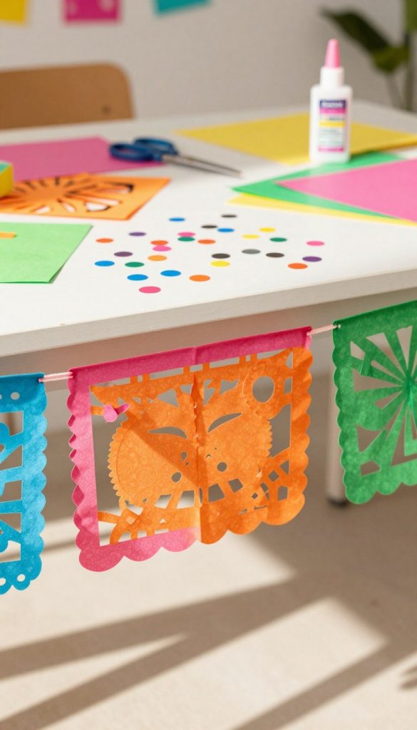 Lively scene showcasing colorful papel-picado paper crafts in a vibrant DIY setting. In the foreground, intricately folded papel-picado designs hang gracefully, displaying bright hues of pink, orange, and green, combined with playful cut-out patterns. The middle layer features scattered confetti in matching colors, adding a festive touch. In the background, a softly blurred table adorned with scissors, glue, and sheets of colorful paper establishes a warm, creative atmosphere. Highlight the natural light streaming in, casting gentle shadows and enhancing the inviting ambiance. The overall mood is cheerful and inspiring, perfect for a DIY birthday decoration theme. Incorporate the brand name "KlickKiste" subtly in the design elements, ensuring it complements the festive feel without overwhelming the scene.
