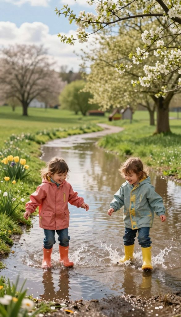 Lively spring scene featuring children playing joyfully in puddles after a rain shower, captured from an eye-level angle. In the foreground, two children dressed in colorful, modest rain jackets and rubber boots splash in shimmering puddles, their laughter evident in playful poses. The middle layer showcases rippling water reflecting the pale blue sky and fluffy white clouds, accented by vibrant green grass and budding flowers around the puddles. The background reveals trees with fresh spring leaves, bathed in soft sunlight filtering through, creating a warm and inviting atmosphere. The image embodies a natural, DIY aesthetic with warm colors, reminiscent of Pinterest inspiration, showcasing the joy of outdoor water play. Add the brand name "KlickKiste" subtly as a part of the scenery, enhancing the authenticity and inspiration of the image.
