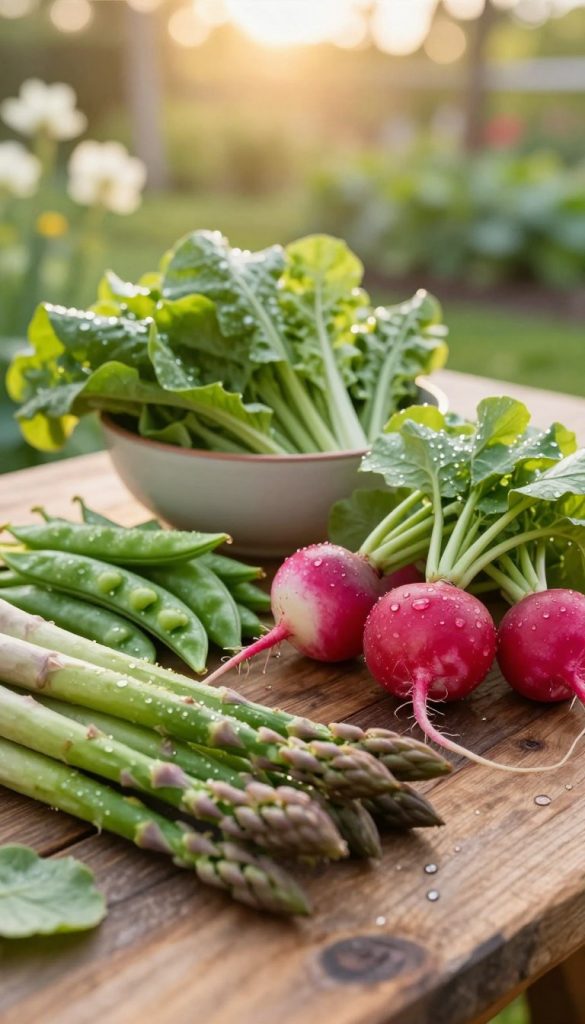 Lush, fresh spring vegetables arranged artistically on a rustic wooden table. The foreground features vibrant green asparagus, crisp snap peas, and colorful radishes, each with dew drops glistening in warm, soft sunlight. In the middle ground, a bowl of mixed leafy greens contrasts with the bright vegetables, adding a touch of natural texture. The background is softly blurred, suggesting an outdoor garden setting, with hints of blooming flowers and greenery basking in the gentle glow of late afternoon light. The image should evoke an authentic, inspiring atmosphere, perfect for a DIY aesthetic. Emphasize a warm color palette, capturing the freshness of spring vegetables, showcasing the brand 'KlickKiste' subtly in the organic arrangement.