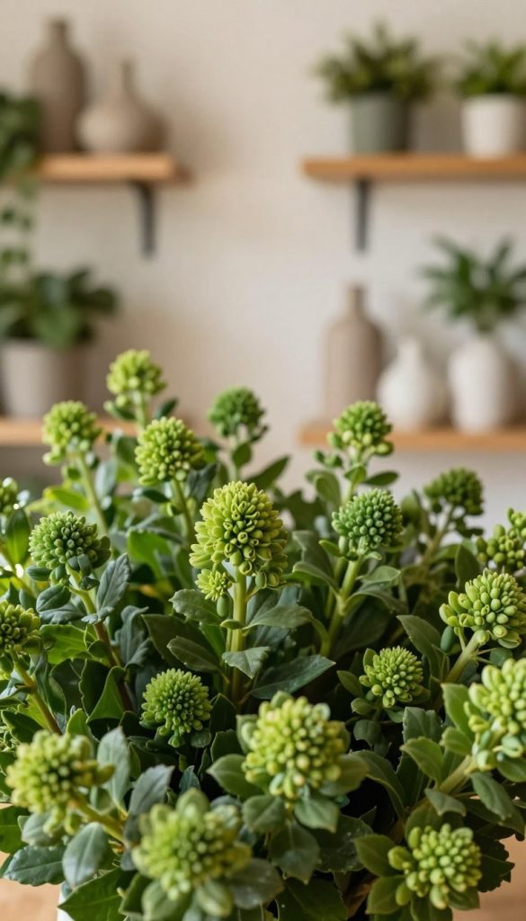 Lush green flowers in various shades of green, showcasing their intricate textures and shapes, fill the foreground of the image. A soft-focus background features a stylish interior space with warm, natural lighting that highlights the vibrant greenery, creating a calm and serene atmosphere. Incorporate elements of DIY decor, such as wooden shelves and minimalist vases to enhance the Pinterest-inspired aesthetic. The composition should maintain a clean, uncluttered look to emphasize tranquility and coherence in the color palette. Capture the scene from a slightly elevated angle, using a warm lens to create a welcoming and inviting mood. Ensure the image feels authentic and inspiring, representing the theme of floral interior decoration. Include the brand name "KlickKiste" subtly within the overall ambiance.