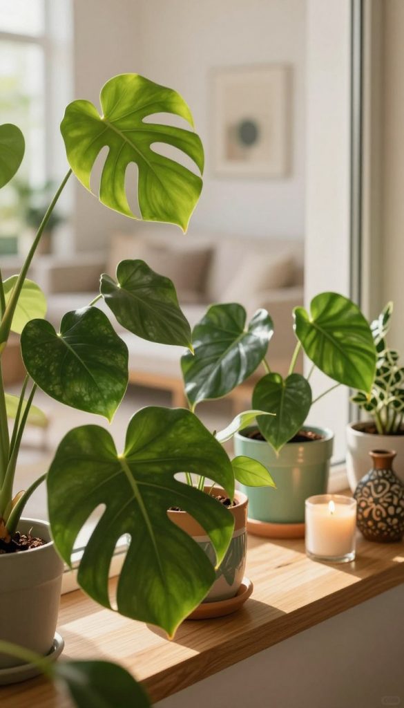 Lush green leaves of various indoor plants, such as monstera and pothos, elegantly arranged on a wooden windowsill bathed in soft, warm sunlight. In the foreground, large, vibrant leaves catch the light, showing intricate veins and textures. The middle ground features colorful and decorative planters, complemented by subtle decorative elements like a cozy candle and artisanal pottery. The background showcases a blurred view of a stylish, minimalistic living room with soft, neutral tones for a tranquil atmosphere. Capture this scene with a shallow depth of field to create an inviting, Pinterest-inspired aesthetic. Emphasize a warm color palette and soft natural lighting to evoke a sense of inspiration and authenticity. Incorporate the brand name "KlickKiste" subtly into the decor for an additional touch of elegance.