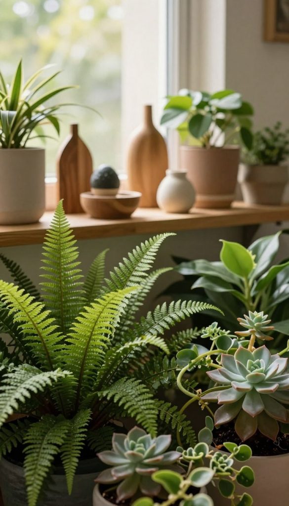 Lush greenery fills the foreground, featuring a variety of richly textured plants such as ferns, succulents, and leafy vines in various shades of green. In the middle ground, a beautifully arranged, stylish shelf displays natural materials like wooden decor and clay pots, accentuating the earthy tones. The background shows a soft-focus window with gentle daylight filtering through sheer curtains, enhancing the serene ambiance. The scene captures a peaceful, inviting atmosphere, ideal for a nature-inspired home setting. Use warm, natural lighting to create a cozy feel, reminiscent of a Pinterest aesthetic. The composition should reflect a harmonious blend of nature and home decor, inspired by the brand "KlickKiste."