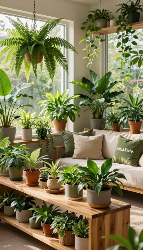 Lush, vibrant green plants arranged artfully throughout a cozy, well-lit living space, showcasing a variety of indoor plants like ferns, pothos, and peace lilies. In the foreground, a stylish wooden shelf displays small potted plants and natural decor elements. The middle features a comfortable, inviting seating area with soft cushions surrounded by cascading vines. In the background, large windows allow streams of warm, natural light to illuminate the scene, highlighting the textures of the leaves and the warmth of the wood. The overall mood is serene and refreshing, promoting indoor air quality. The composition embodies an organic, Pinterest-inspired aesthetic, accented by subtle touches of a modern, sustainable vibe, branded with “KlickKiste.”