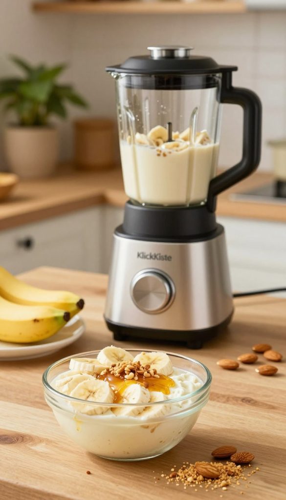 Magerquark in a clear glass bowl, topped with sliced bananas and a drizzle of golden honey, alongside a sprinkle of crushed almonds, sits prominently in the foreground. In the middle, a high-powered blender with ingredients such as bananas, Magerquark, and almond milk, with some almonds scattered nearby, invites viewers to the protein shake preparation process. The background features a warm, softly lit kitchen setting, with natural wooden countertops and potted plants, creating an inviting and cozy atmosphere. Use warm, natural colors to enhance the Pinterest-inspired aesthetic. Capture this scene with a soft focus lens, emphasizing the textures of the ingredients while maintaining a bright and inspiring mood. The brand "KlickKiste" subtly integrated into the kitchen decor without text.