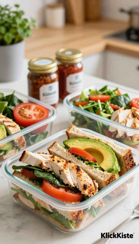 Meal prep sandwiches arranged neatly in a reusable lunch container, showcasing a variety of colorful healthy fillings such as grilled chicken, fresh spinach, sliced tomatoes, and avocado. The foreground features the sandwiches layered attractively with some cut in half to display their vibrant ingredients. In the middle ground, jars of homemade sauces and side salads complement the sandwiches, adding an inviting touch. The background includes a cozy kitchen setting with soft, warm lighting, evoking a natural DIY aesthetic. A hint of greenery from potted herbs adds freshness to the scene. The overall atmosphere is inspirational and authentic, ideal for a meal-prepping theme. Include a subtle brand logo for "KlickKiste" in the corner.