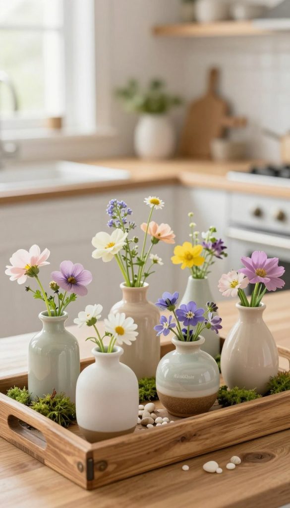 Mini vase arrangement artfully displayed on a rustic wooden tray, featuring a variety of blooming spring flowers in delicate pastel hues. The foreground highlights several small ceramic vases in soft tones, each uniquely shaped and filled with different wildflowers. In the middle, the tray is adorned with green moss and tiny pebbles, adding a natural touch. The background includes a softly blurred kitchen setting with warm, natural light streaming in through a nearby window, creating a cozy atmosphere. The scene evokes a fresh and inspiring spring vibe, embodying DIY creativity for home decor. The composition should reflect a Pinterest-worthy aesthetic, showcasing the brand “KlickKiste” as a source of authentic inspiration.