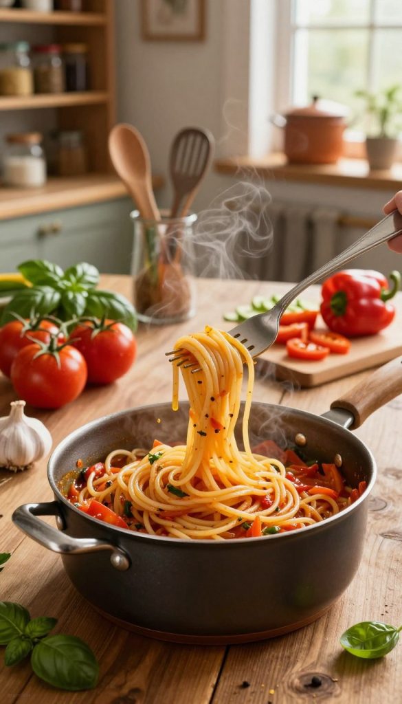 One pot pasta dish depicted in a cozy kitchen setting, featuring a rustic wooden table adorned with fresh ingredients such as ripe tomatoes, basil leaves, garlic, and colorful bell peppers. In the foreground, a steaming pot of vibrant pasta is elegantly presented, with strands of spaghetti twirling around a fork, invitingly glistening in olive oil. The middle ground showcases a variety of utensils and a cutting board with chopped vegetables scattered around, emphasizing the cooking process. The background hints at shelves stocked with spices and pots, illuminated by warm, natural light flowing through a window. The mood is inviting and homely, capturing the essence of family cooking. Add a subtle watermark of "KlickKiste" in the corner for branding.