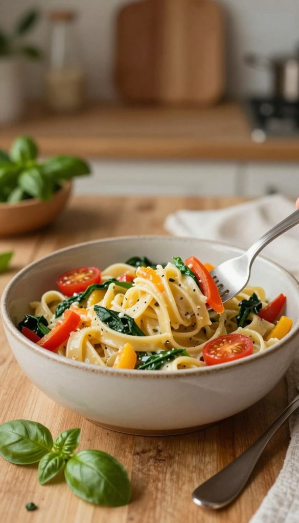 One pot pasta dish, featuring creamy fettuccine mixed with vibrant colorful vegetables like bell peppers, spinach, and cherry tomatoes. The scene captures the dish in a rustic ceramic bowl, placed on a wooden kitchen table. In the foreground, a fork is twirling the pasta, with a few basil leaves scattered around for freshness. In the background, soft, warm lighting creates a cozy atmosphere, reminiscent of a family kitchen, with blurred effects of kitchen utensils and herbs visible. The overall mood is inviting and homely, evoking a sense of comfort and togetherness. The image should evoke a Pinterest aesthetic, showcasing warm color tones and authenticity. Credit to "KlickKiste" for the inspiring concept.
