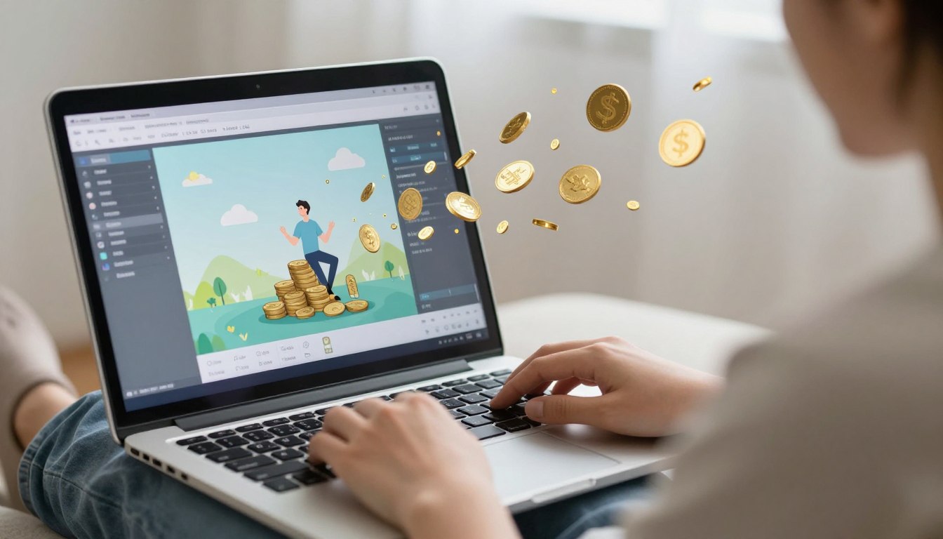 Person entspannt am Laptop mit Animation, während Geld passiv einfließt