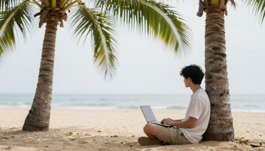 Person entspannt mit Laptop am Strand arbeitet - Symbol für passives Einkommen online