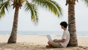 Person entspannt mit Laptop am Strand arbeitet - Symbol für passives Einkommen online