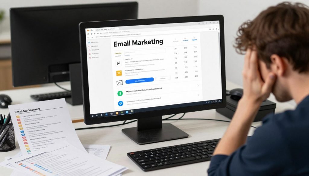 Person frustriert vor Computer mit chaotischem E-Mail Marketing Dashboard
