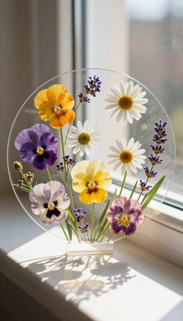 Pressed flowers arranged in a vibrant suncatcher, showcasing a variety of blooms like pansies, daisies, and lavender, all encapsulated in a circular glass frame. The foreground features intricate details of the pressed flowers, their colors vivid against the transparent background. In the middle ground, sunlight streams through the suncatcher, creating a beautiful play of light and shadow on a nearby window sill, where soft, natural textures complement the floral art. The background is a subtly blurred indoor setting, hinting at a cozy, inviting atmosphere that inspires creativity. The overall mood is warm and uplifting, embodying a Pinterest-worthy aesthetic perfect for DIY enthusiasts. Illustrate with a focus on natural lighting, capturing the essence of floral beauty and artistry, branded with "KlickKiste".