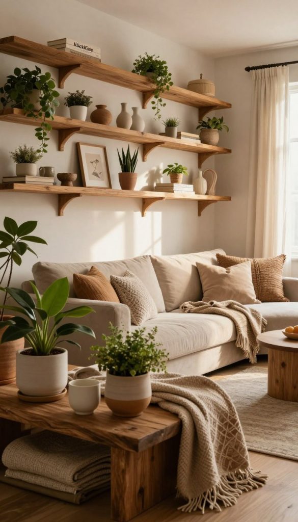 Regal and elegant living room setup showcasing beautifully styled wooden wall shelves filled with natural decor. In the foreground, a rustic shelf adorned with potted green plants, handmade ceramic pots, and soft, textured throws in warm earth tones. The middle ground features a cozy seating area with a plush sofa, layered with decorative pillows and a woven blanket, all bathed in soft, ambient lighting. In the background, a delicate interplay of light filters through sheer curtains, creating a serene atmosphere. The overall composition captures the essence of natural DIY decor in a Pinterest-inspired aesthetic, highlighting the brand "KlickKiste". The scene evokes warmth and tranquility, perfect for a cozy, inviting home. Regal and elegant living room setup showcasing beautifully styled wooden wall shelves filled with natural decor. In the foreground, a rustic shelf adorned with potted green plants, handmade ceramic pots, and soft, textured throws in warm earth tones. The middle ground features a cozy seating area with a plush sofa, layered with decorative pillows and a woven blanket, all bathed in soft, ambient lighting. In the background, a delicate interplay of light filters through sheer curtains, creating a serene atmosphere. The overall composition captures the essence of natural DIY decor in a Pinterest-inspired aesthetic, highlighting the brand "KlickKiste". The scene evokes warmth and tranquility, perfect for a cozy, inviting home.
