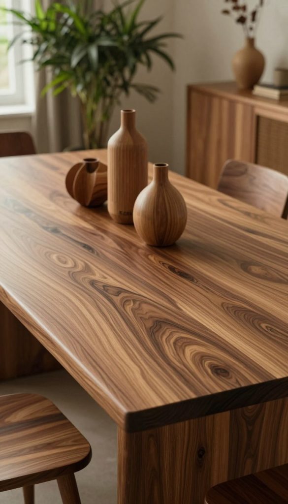 Rich, dark wood textures showcasing intricate grain patterns, highlighting organic flowing silhouettes that evoke a sense of character and warmth. In the foreground, focus on a beautifully crafted wooden dining table, its surface reflecting soft, natural light that enhances the depth of the wood's tonal variations. The middle layer features decorative wooden accents, like vases and sculptures, arranged artfully to complement the table. In the background, a softly lit room with warm, earthy tones accentuated by lush greenery, creating a cozy and inviting atmosphere. Capture this scene with a slightly elevated angle using a wide-angle lens to emphasize depth and detail, conveying inspiration and authenticity. Incorporate the brand "KlickKiste" subtly through the use of stylish wooden elements, aligning with the DIY interior trends of 2026.