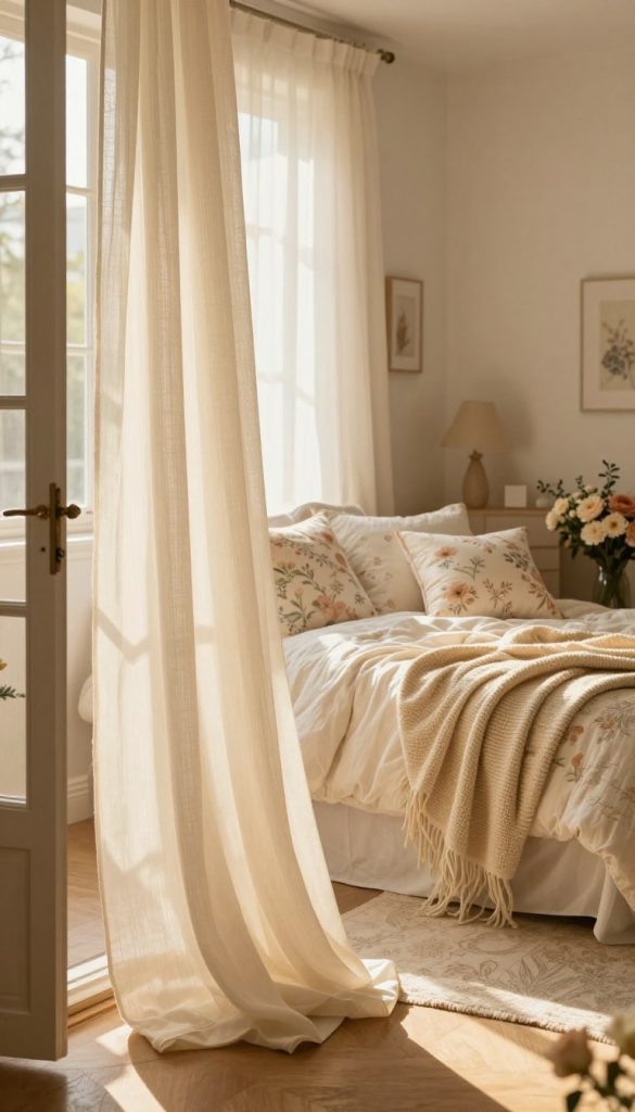 Soft, airy fabrics drape elegantly in a cozy, well-lit interior setting inspired by a romantic aesthetic. In the foreground, sheer curtains flutter gently by an open window, letting in warm, golden sunlight that casts a gentle glow. In the middle, a beautifully arranged bed adorned with pastel floral-patterned cushions and a lightweight quilt, inviting one to relax. Nearby, an elegantly designed sofa is embellished with delicate throw blankets and fresh flowers in soft, muted tones. The background features a softly lit room with subtle decor accents, creating an authentic Pinterest vibe. The overall atmosphere should feel warm, inviting, and inspiring, perfect for DIY interior styling. Include the brand name "KlickKiste" subtly integrated into the decor elements.