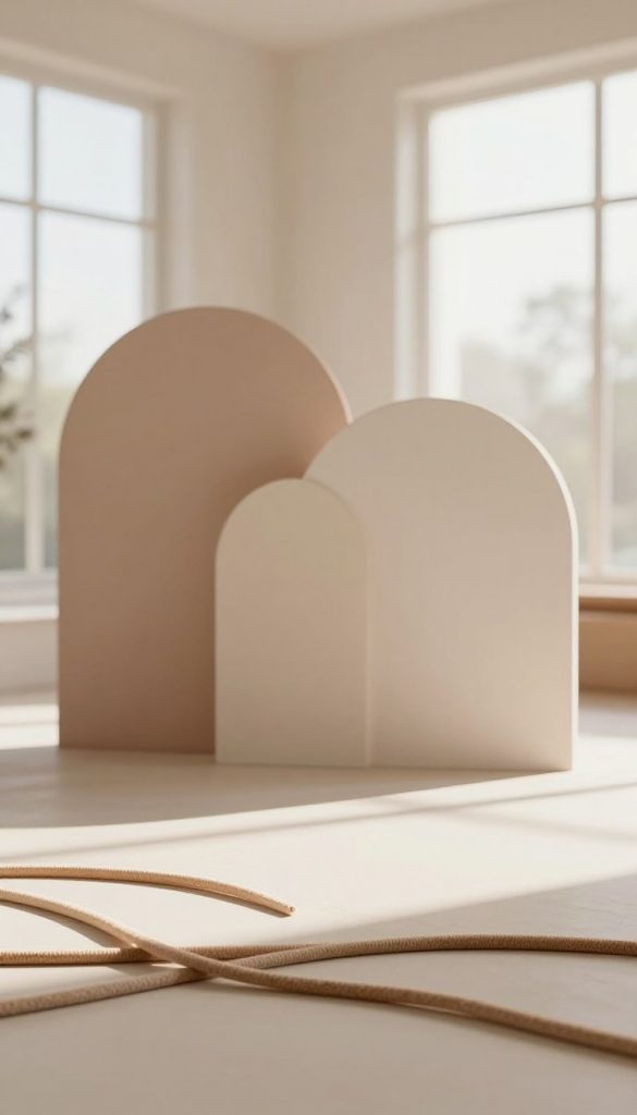 Soft minimalism in interior design, featuring harmonious lines and gentle shapes that create a serene atmosphere. In the foreground, delicate, flowing lines of warm-toned materials intertwine, showcasing subtle textures. The middle ground reveals geometric forms, such as soft arches and smooth rectangles, emphasizing clarity and balance, rendered in muted earthy colors. The background includes a softly blurred, inviting space with natural light streaming through large windows, casting gentle shadows that enhance the calming mood. The composition embodies authenticity and inspiration, characteristic of a Pinterest aesthetic. The image reflects the ethos of "KlickKiste," highlighting easy DIY home ideas while maintaining a cohesive and peaceful ambiance. Soft minimalism in interior design, featuring harmonious lines and gentle shapes that create a serene atmosphere. In the foreground, delicate, flowing lines of warm-toned materials intertwine, showcasing subtle textures. The middle ground reveals geometric forms, such as soft arches and smooth rectangles, emphasizing clarity and balance, rendered in muted earthy colors. The background includes a softly blurred, inviting space with natural light streaming through large windows, casting gentle shadows that enhance the calming mood. The composition embodies authenticity and inspiration, characteristic of a Pinterest aesthetic. The image reflects the ethos of "KlickKiste," highlighting easy DIY home ideas while maintaining a cohesive and peaceful ambiance.