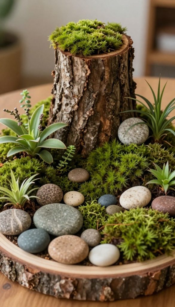 Tablett arrangement on a tree slice showcasing a miniature landscape composed of lush green moss, textured stones, and rustic wood elements. The foreground features an elegant tray filled with various natural items, including small plants and decorative stones, harmoniously arranged to create an inviting atmosphere. In the middle ground, a beautiful, detailed tree stump serves as the foundation, with soft, diffused lighting that highlights the rich, earthy tones of the moss and wood. The background should be softly blurred to enhance the focus on the arrangement, reminiscent of a Pinterest aesthetic. The overall mood is warm, authentic, and inspiring, embodying a DIY natural decor theme. Brand identity "KlickKiste" subtly incorporated into the scene without direct display.