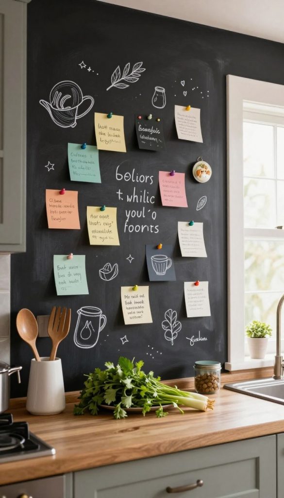 Tafelwand decor in a cozy kitchen setting, showcasing a stylish chalkboard wall decorated with various colorful magnets and notes, emphasizing organization and aesthetics. The foreground features a beautifully arranged kitchen counter with fresh herbs and elegant kitchen utensils, while the middle ground highlights the chalkboard, adorned with artistic doodles and inspiring quotes. In the background, soft natural light streams through a window, creating a warm atmosphere that enhances the inviting feel of the space. Capture a Pinterest-inspired look with earthy tones and textures, reflecting authenticity and inspiration. Include subtle branding elements of "KlickKiste" in the decor, ensuring the overall scene feels harmonious and well-composed. Tafelwand decor in a cozy kitchen setting, showcasing a stylish chalkboard wall decorated with various colorful magnets and notes, emphasizing organization and aesthetics. The foreground features a beautifully arranged kitchen counter with fresh herbs and elegant kitchen utensils, while the middle ground highlights the chalkboard, adorned with artistic doodles and inspiring quotes. In the background, soft natural light streams through a window, creating a warm atmosphere that enhances the inviting feel of the space. Capture a Pinterest-inspired look with earthy tones and textures, reflecting authenticity and inspiration. Include subtle branding elements of "KlickKiste" in the decor, ensuring the overall scene feels harmonious and well-composed.