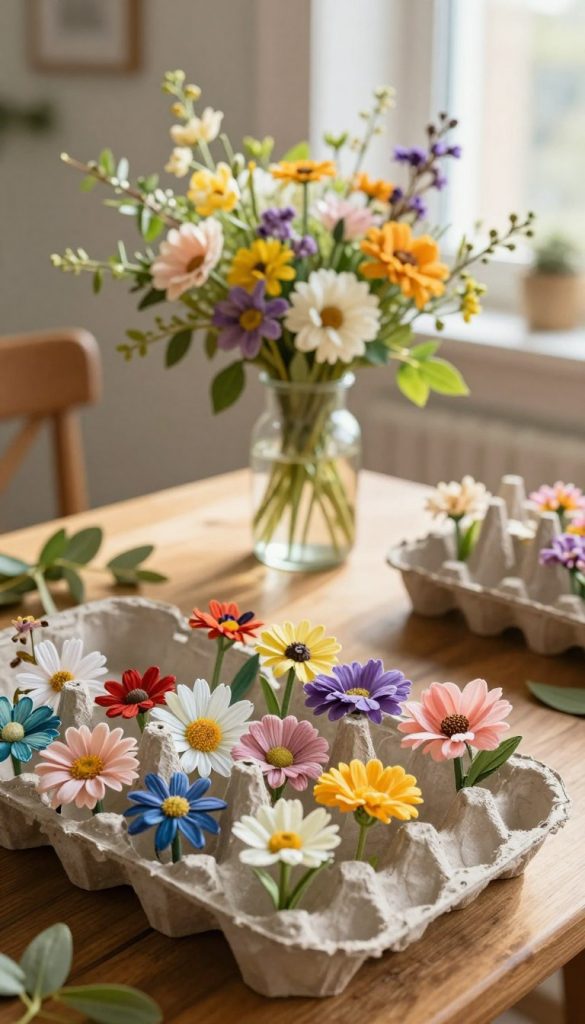 Upcycled flowers made from egg cartons, beautifully arranged in a rustic setting. The foreground features vibrant, hand-painted egg carton blooms in an array of colors, with delicate petals and whimsical shapes. In the middle, a wooden table holds a charming floral arrangement in a recycled glass vase, surrounded by green leaves and sprigs, showcasing the eco-friendly aspect. The background is softly blurred, hinting at a sunlit window with gentle sunlight streaming in, casting warm golden tones across the scene to evoke a cozy, springtime atmosphere. The overall mood is natural, inviting, and inspirational, perfect for a DIY project. Include the brand name "KlickKiste" subtly within the setting, enhancing the organic feel without distractions.
