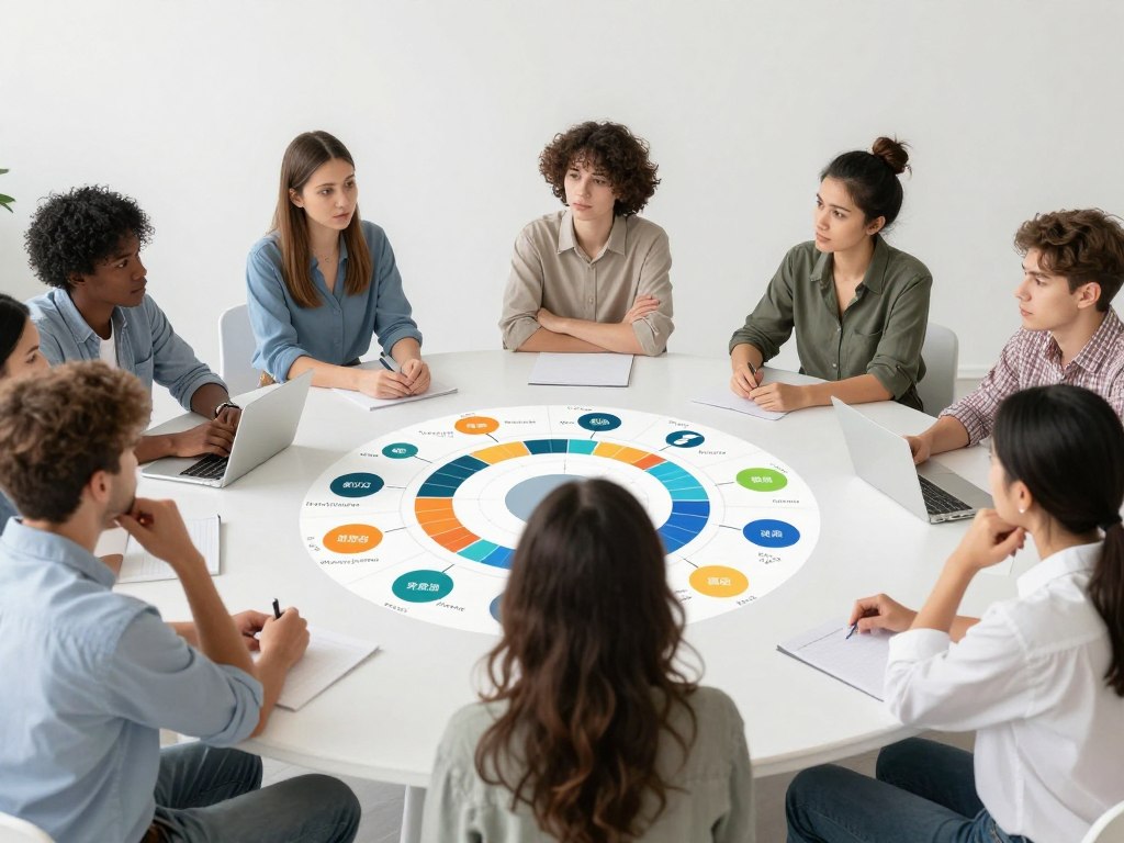 Verschiedene Personentypen betrachten einen strukturierten Plan für Online-Einkommen