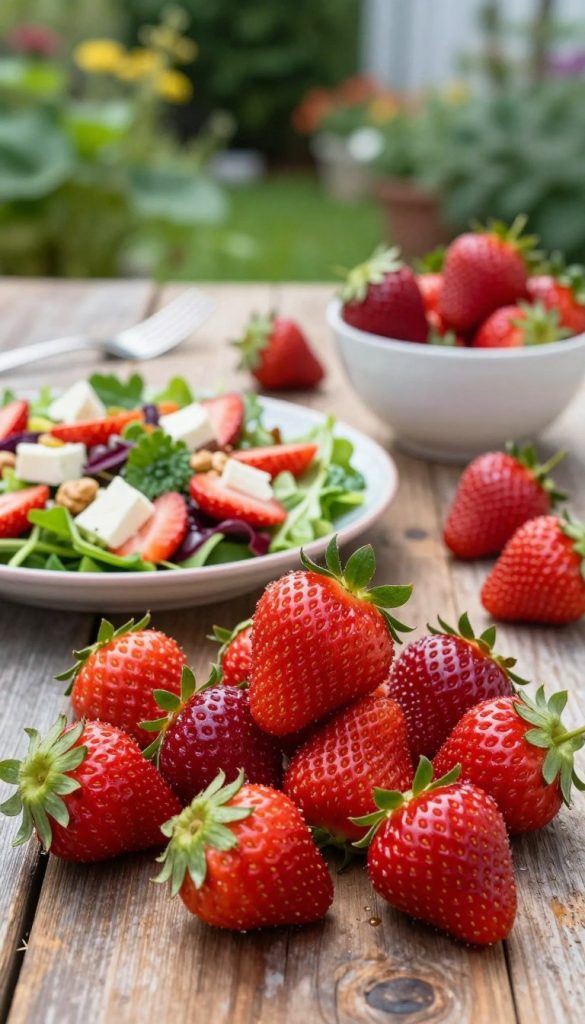 Vibrant and bountiful display of fresh strawberries at the forefront of the image, glistening with dew and set against a rustic wooden table. In the middle ground, a creative arrangement of savory strawberry dishes, such as a colorful salad with mixed greens, nuts, and cheese, alongside a refreshing bowl featuring strawberries and herbs. Soft, natural lighting enhances the warm color palette, creating an inviting atmosphere. The background showcases a blurred garden scene with hints of green foliage, adding depth without distraction. The overall mood is inspired, showcasing the delicious potential of strawberries in savory recipes. The image reflects the essence of "KlickKiste" with an authentic and Pinterest-inspired aesthetic. Vibrant and bountiful display of fresh strawberries at the forefront of the image, glistening with dew and set against a rustic wooden table. In the middle ground, a creative arrangement of savory strawberry dishes, such as a colorful salad with mixed greens, nuts, and cheese, alongside a refreshing bowl featuring strawberries and herbs. Soft, natural lighting enhances the warm color palette, creating an inviting atmosphere. The background showcases a blurred garden scene with hints of green foliage, adding depth without distraction. The overall mood is inspired, showcasing the delicious potential of strawberries in savory recipes. The image reflects the essence of "KlickKiste" with an authentic and Pinterest-inspired aesthetic.