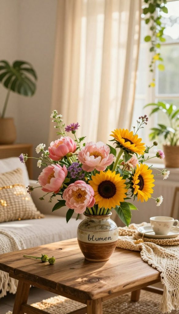 Vibrant and enchanting composition of "blumen" in a warm, bohemian-inspired setting. In the foreground, a rustic wooden table holds an array of fresh, colorful flowers—think soft pink peonies, sunflowers, and delicate wildflowers, arranged artfully in a handcrafted ceramic vase. The middle ground features woven natural textiles, accentuating a cozy aesthetic with hints of gold accents. The backdrop is a softly lit room with draping sheer curtains, gently filtering golden sunlight, and scattered houseplants adding a touch of greenery. Use a warm color palette and a soft focus for a dreamy quality. Capture this scene using a wide-angle lens to convey depth, ensuring a Pinterest-worthy aesthetic that feels authentic and inspiring, reflecting sustainable choices for home decoration. Include subtle branding elements inspired by "KlickKiste".