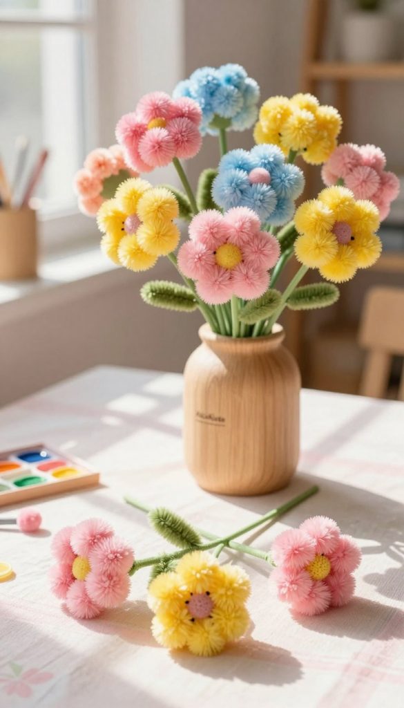 Vibrant and fluffy pompom flowers in a cartoon style, showcasing an array of colorful pompom blooms in shades of pink, yellow, and light blue. In the foreground, a cluster of oversized pompom flowers with textured, soft appearances, arranged on slender green branches. The middle ground features a simple wooden vase filled with these whimsical blossoms, placed on a pastel-colored tablecloth. In the background, soft sunlight streams in from a window, casting gentle shadows and highlighting the warm, inviting colors of a cozy DIY crafting space. Emphasize a cheerful and inspiring atmosphere that reflects the joy of springtime creativity. This scene embodies a Pinterest-worthy aesthetic, suitable for a fresh and authentic home decor vibe, branded subtly with "KlickKiste".