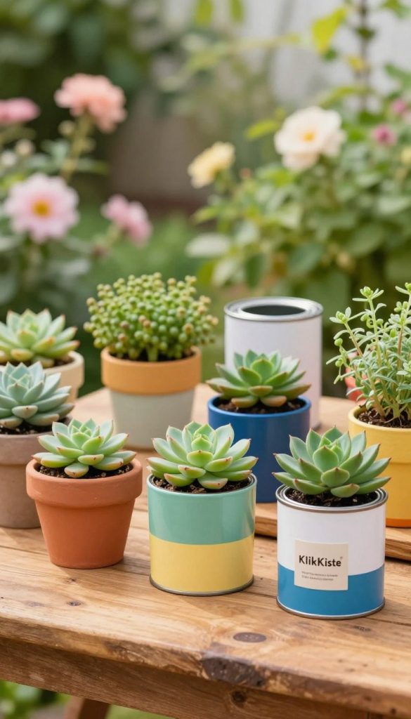 Vibrant and inviting scene featuring various upcycled paint cans transformed into unique plant pots, arranged artistically on a rustic wooden table. The foreground showcases colorful paint-decorated cans, filled with flourishing green plants, such as succulents and herbs, with their textures and colors vividly contrasting against the warm wooden surface. In the middle ground, soft, natural lighting spills over the scene, creating a cozy ambiance. The background features a blurred garden setting adorned with soft, pastel flowers and leafy foliage, enhancing the overall outdoor feel. The image should embody a Pinterest-worthy aesthetic, exuding a fresh, creative vibe that inspires DIY enthusiasts. Include a subtle branding element: a tasteful KlikKiste logo on one of the pots, harmonizing with the natural setting.