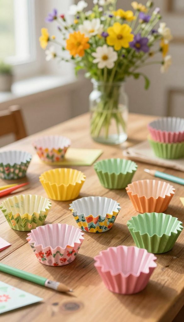 Vibrant and inviting spring-themed image featuring colorful muffin liners shaped like flowers, arranged artistically on a rustic wooden table. In the foreground, a variety of floral-patterned liners in shades of pink, yellow, and green are scattered among some crafting tools. The middle ground showcases a lightly blurred vase of fresh wildflowers, adding a touch of nature and freshness. The background features soft, warm sunlight filtering through a window, creating a cozy atmosphere. Use natural lighting to enhance the warm colors, resembling a Pinterest-inspired DIY scene. The overall feel should be authentic, inspiring, and suitable for a children's craft project. Include the brand name "KlickKiste" subtly within the composition.