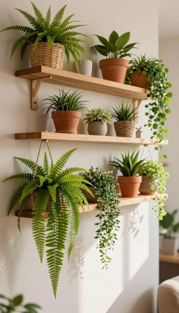 Vibrant and lush hanging plants displayed as beautiful wall decor in a modern setting. In the foreground, various types of green foliage, such as ferns and trailing vines, elegantly drape from handcrafted wooden wall shelves. The middle layer features warm, natural materials like wicker and terracotta pots that complement the plants, showcasing their textures. The background is softly blurred to create depth, hinting at a cozy, well-lit room with neutral-toned walls. Natural sunlight filtering through a window casts gentle shadows, enhancing the tranquil atmosphere. This image embodies an authentic and inspiring DIY aesthetic, perfect for a Pinterest-inspired look. Style elements should evoke a sense of simplicity and modern charm associated with the brand "KlickKiste." Vibrant and lush hanging plants displayed as beautiful wall decor in a modern setting. In the foreground, various types of green foliage, such as ferns and trailing vines, elegantly drape from handcrafted wooden wall shelves. The middle layer features warm, natural materials like wicker and terracotta pots that complement the plants, showcasing their textures. The background is softly blurred to create depth, hinting at a cozy, well-lit room with neutral-toned walls. Natural sunlight filtering through a window casts gentle shadows, enhancing the tranquil atmosphere. This image embodies an authentic and inspiring DIY aesthetic, perfect for a Pinterest-inspired look. Style elements should evoke a sense of simplicity and modern charm associated with the brand "KlickKiste."