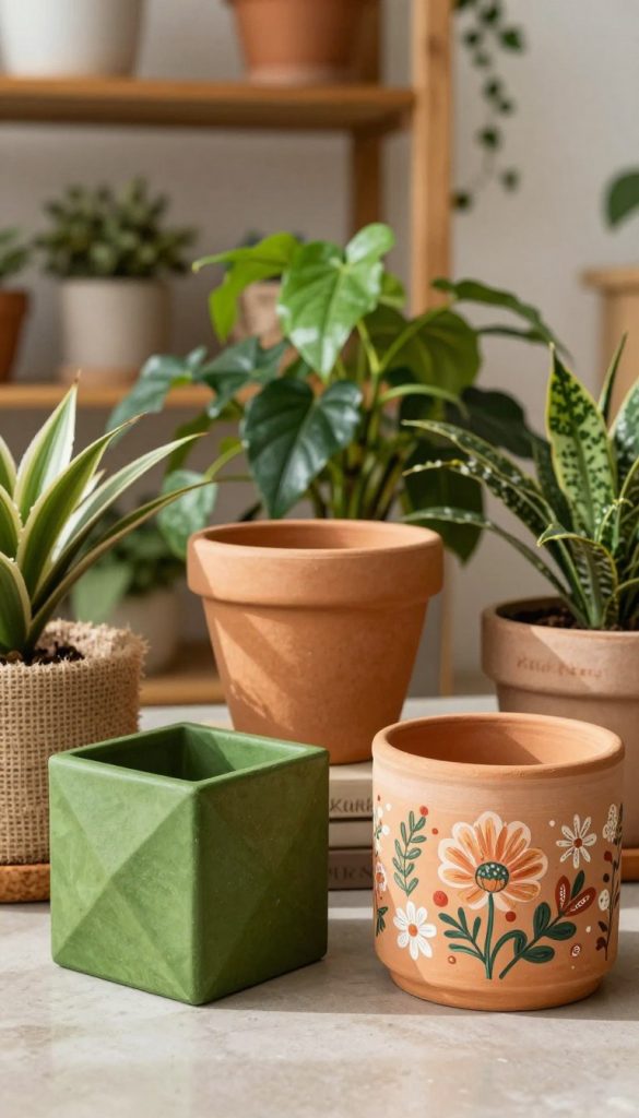 Vibrant and stylish DIY flower pots designed from recycled materials, showcasing a mix of modern and rustic aesthetics. In the foreground, feature several pots in various shapes and sizes, adorned with natural textures like jute and cork. One pot is shaped like a geometric cube with a vibrant moss green color, while another is a soft terracotta with intricate hand-painted floral designs. In the middle ground, incorporate lush plants with rich foliage, adding life and color. The background should consist of a cozy, sunlit room with soft wooden shelves, enhancing the warm atmosphere. Capture the softness of the natural lighting, reflecting off the pots to create inviting shadows. Include the brand name "KlickKiste" subtly on one of the pots without any text overlays or distractions. Aim for a Pinterest-worthy aesthetic that feels authentic and inspiring.