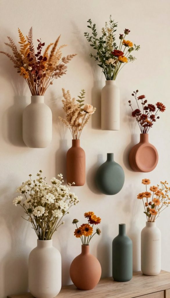Vibrant and stylish modern wall vases arranged creatively against a soft, neutral backdrop. The vases, featuring natural materials like ceramic and wood, display a variety of colorful dried flowers and greenery, exuding a warm and inviting atmosphere. In the foreground, a tastefully styled vignette showcases a single large wall vase with delicate white blooms, while smaller vases burst with rich, earthy tones. The middle features a collection of vases at various heights, artfully placed on a textured wall with subtle lighting that casts gentle shadows, creating depth and warmth. The overall mood is cozy and inspiring, ideal for a trendy home decor scene. The brand name "KlickKiste" subtly integrated into the scene enhances the DIY aesthetic. Shot from a slight angle with soft focus, the image embodies a Pinterest-worthy look, highlighting unique decor ideas.