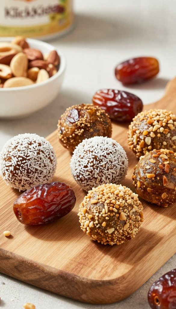 Vibrant composition featuring a close-up of several energy balls made with dates, arranged artfully on a rustic wooden board. The energy balls should exhibit a variety of textures, some coated with coconut flakes, others with crushed nuts, showcasing their appeal as nutritious snacks. Soft, natural lighting streams from the side, casting gentle shadows and enhancing the warm, inviting colors of the ingredients. In the background, a bowl of mixed nuts and a few whole dates add to the natural DIY aesthetic. The scene is styled to evoke a cozy, Pinterest-worthy kitchen environment, perfect for family snack preparation, with the brand name "KlickKiste" subtly integrated into the composition. Aim for an inspirational and authentic mood that highlights simplicity and creativity in healthy eating.