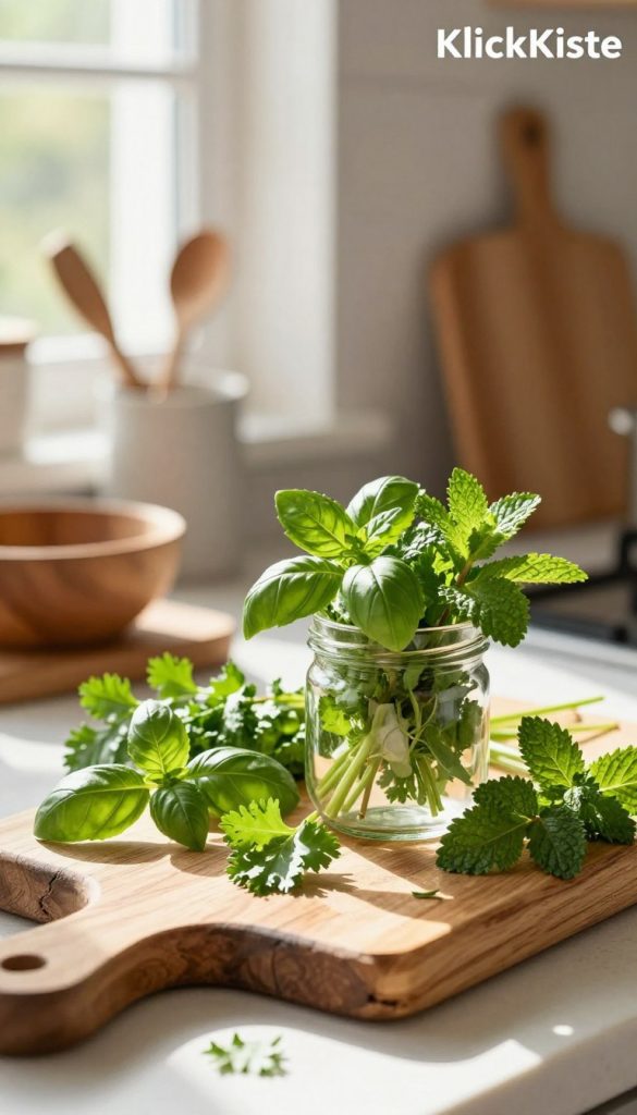 Vibrant fresh herbs arranged artistically on a rustic wooden cutting board, showcasing varieties like basil, mint, parsley, and cilantro. In the foreground, a few herbs are delicately scattered, while a small glass jar filled with fresh herbs sits prominently, capturing the sunlight that filters through a nearby window. The middle ground features a softly blurred kitchen setting, with abstract outlines of utensils and a wooden bowl. In the background, a hint of a warm-colored wall adds depth, enhancing the inviting atmosphere. The lighting is bright and natural, with a sunny ambiance that evokes a sense of freshness and inspiration. The overall mood is cozy and harmonious, reflecting a DIY aesthetic perfect for "KlickKiste", creating an inviting visual for daily culinary inspiration.
