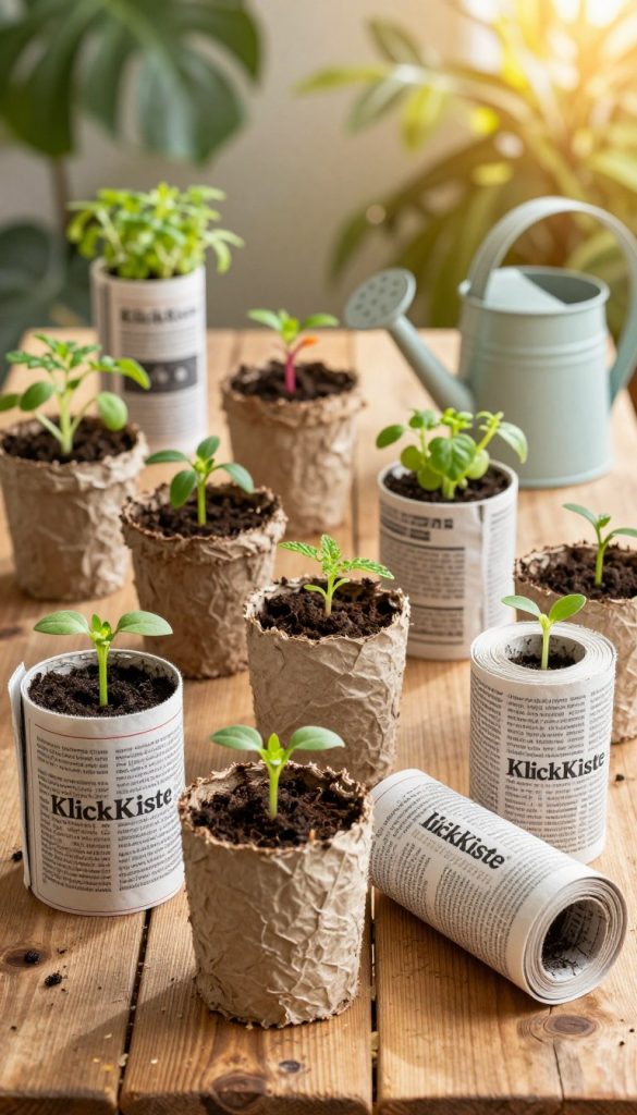Vibrant, natural setting showcasing DIY seedling pots made from recycled toilet paper rolls and newspaper, arranged artistically on a rustic wooden table. In the foreground, focus on the textured paper pots with young green plants sprouting, highlighting their compostable nature. The middle layer features additional pots with colorful seedlings and a watering can, creating a nurturing atmosphere. In the background, soft sunlight filters through foliage, casting warm, inviting light on the scene. The overall aesthetic is authentic and inspiring, embodying a Pinterest-like charm, promoting eco-friendly gardening ideas. The brand name "KlickKiste" subtly integrated into the wood grain of the table, enhancing the DIY appeal.