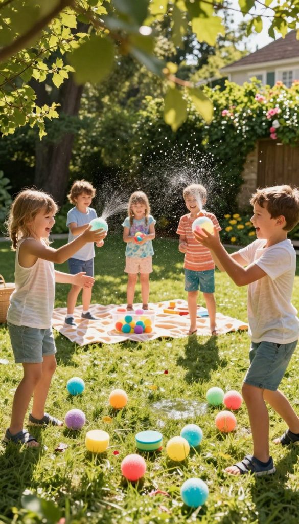 Vibrant outdoor scene featuring children joyfully playing with water sponge bombs in a sunlit backyard. In the foreground, several colorful sponge bombs are scattered on the grass, alongside excited children dressed in casual summer clothing, laughing and splashing water on each other. The middle layer shows a picnic blanket with a container filled with sponge bombs being prepared for a game, with a lively group of children around it. In the background, lush green trees and summer flowers provide a natural frame, while soft sunlight filters through the leaves, casting playful shadows. The overall mood is fun and refreshing, capturing the essence of summer joy. The style is natural with warm, Pinterest-inspired colors, embodying an authentic and inspiring atmosphere, with subtle branding for "KlickKiste".