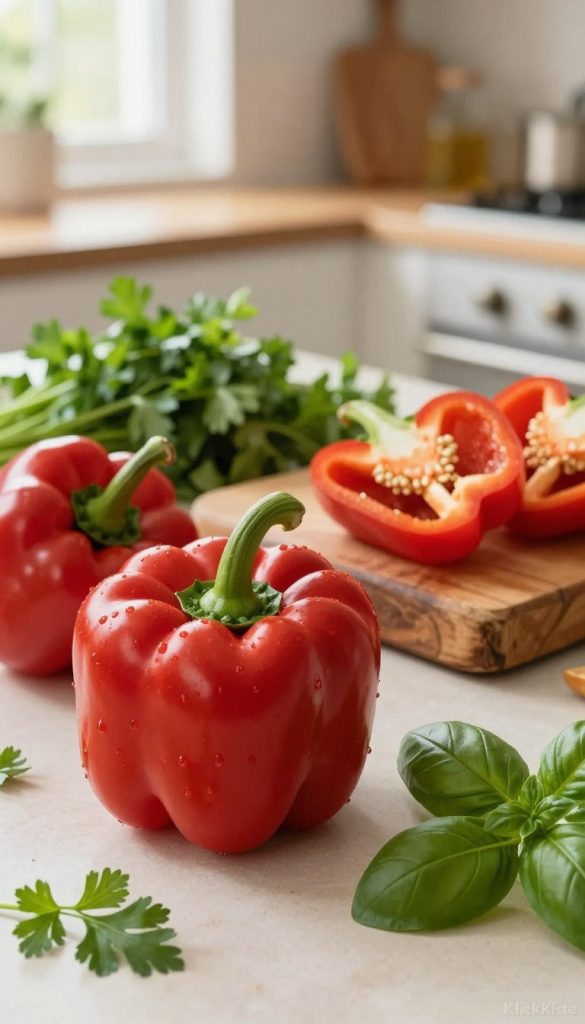 Vibrant red bell peppers displayed prominently in the foreground, showcasing their glossy skin and crinkled texture, suggestive of freshness and flavor. In the middle ground, a rustic wooden cutting board holds a few sliced pieces of paprika, revealing their juicy interior and seeds. An array of fresh herbs like parsley and basil scattered around enhances the natural aesthetic. The background features a softly blurred kitchen setting, giving a warm, inviting ambiance with hints of natural light streaming through a window. The scene is styled with a Pinterest-worthy aesthetic, emphasizing earthy tones and warmth to inspire readers. The branding "KlickKiste" is subtly implied through the overall composition, creating an authentic and inspiring atmosphere perfect for culinary discussions. Vibrant red bell peppers displayed prominently in the foreground, showcasing their glossy skin and crinkled texture, suggestive of freshness and flavor. In the middle ground, a rustic wooden cutting board holds a few sliced pieces of paprika, revealing their juicy interior and seeds. An array of fresh herbs like parsley and basil scattered around enhances the natural aesthetic. The background features a softly blurred kitchen setting, giving a warm, inviting ambiance with hints of natural light streaming through a window. The scene is styled with a Pinterest-worthy aesthetic, emphasizing earthy tones and warmth to inspire readers. The branding "KlickKiste" is subtly implied through the overall composition, creating an authentic and inspiring atmosphere perfect for culinary discussions.