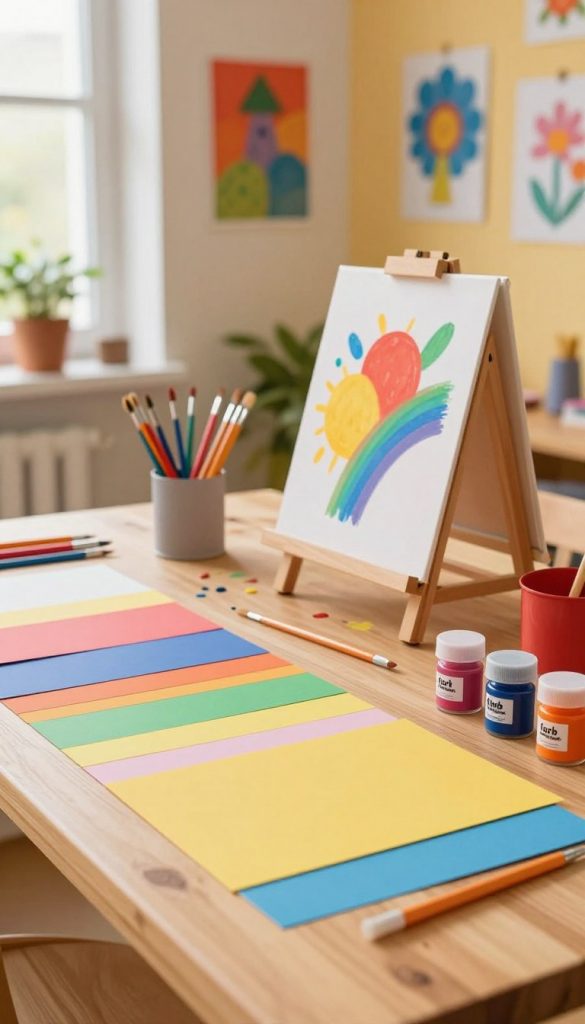 Vibrant scene featuring a well-organized DIY art station for children, capturing the essence of "farb papier." In the foreground, colorful sheets of paper in a rainbow of hues are neatly arranged on a wooden table, accompanied by non-toxic paint pots and brushes, all branded with "KlickKiste." In the middle, a small easel showcases a partially painted artwork, emphasizing creativity and fun. The background includes soft, warm-toned walls adorned with artwork and playful decorations. Natural light filters through a nearby window, creating a serene, inviting atmosphere. The overall mood is inspiring and artistic, ideal for a stress-free creative setup for children, promoting imagination and clean results in their art projects.
