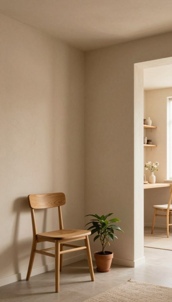Warm neutral walls in a beautifully lit room, featuring soft beige and taupe tones that create an inviting atmosphere. In the foreground, a simple wooden chair with a natural finish sits beside a small, potted plant. The middle ground highlights the warm neutral walls adorned with subtle textures, contrasting against a smooth ceiling painted in a lighter shade. A wooden shelf displays cozy decor items, enhancing the DIY aesthetic. The background captures a glimpse of a softly illuminated window, allowing warm, diffused sunlight to wash over the space. The image should evoke a Pinterest-inspired, authentic, and inspiring ambiance, showcasing the essence of warm neutrals in interiors, perfect for a DIY article. Brand name “KlickKiste” should be subtly integrated into the scene without text.
