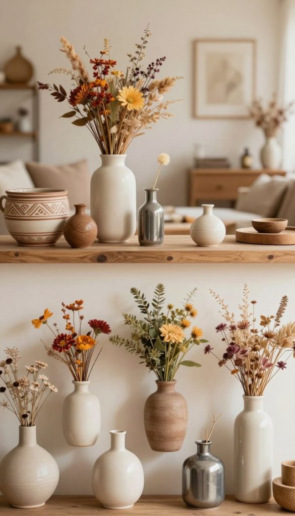 Warm-toned, natural DIY styling images featuring a variety of wall vases made from ceramics, glass, and metals. In the foreground, showcase elegant wall vases in diverse shapes, each filled with colorful dried flowers, herbs, and greenery. The middle ground should display a beautifully arranged vignette of home décor elements like artisanal pottery, rustic wood accents, and textured fabrics suitable for a cozy living space. In the background, softly blurred, a well-lit room with neutral wall colors and subtle decorative elements creates an inviting atmosphere. Utilize soft, natural lighting to enhance the warmth and authenticity of the scene, evoking a Pinterest-inspired aesthetic. No text or watermarks, focus on a professional and inspiring presentation of materials and designs by KlickKiste.